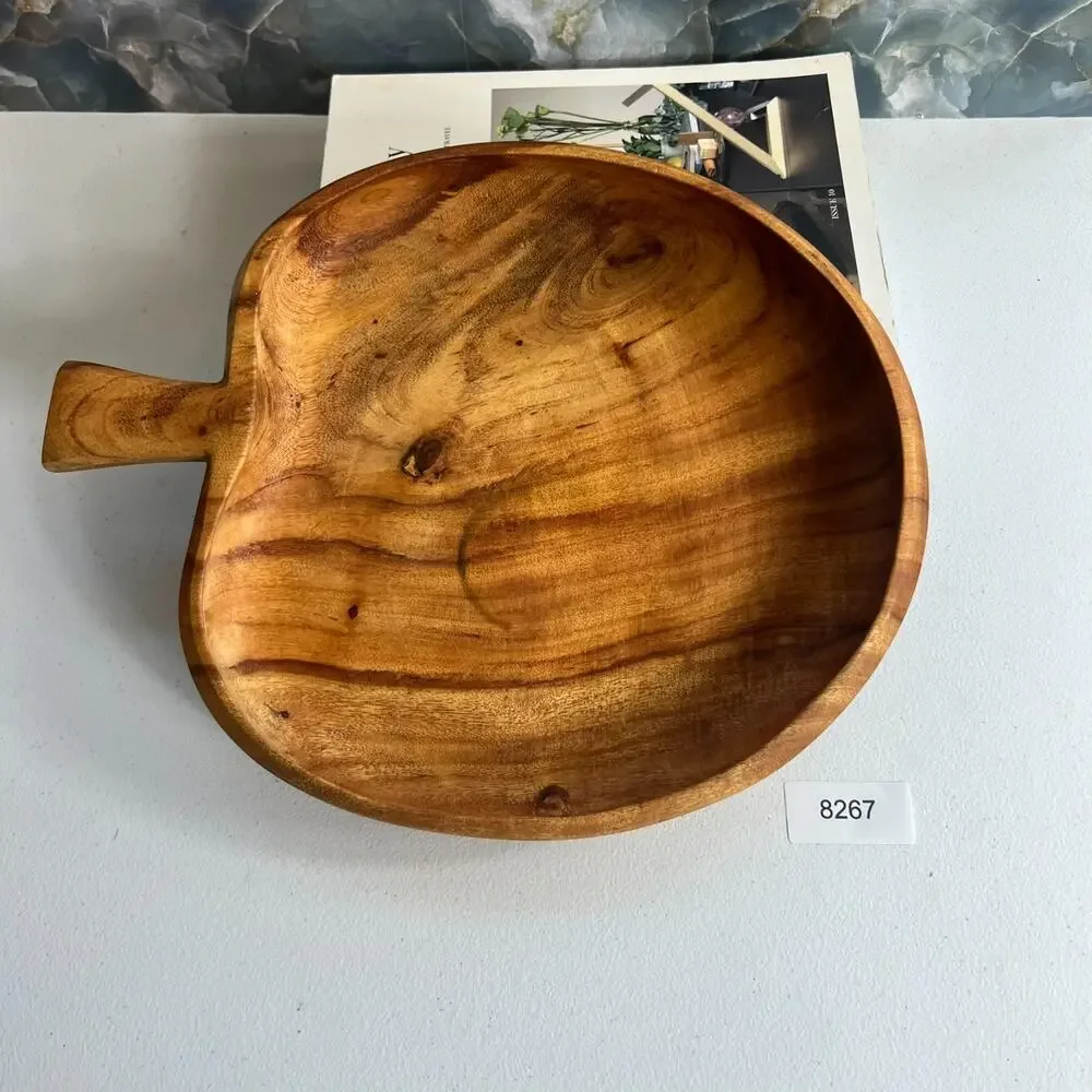 Vtg Hand Carved Wood Apple Shape Fruit Bowl Country Farmhouse Dish 13.5